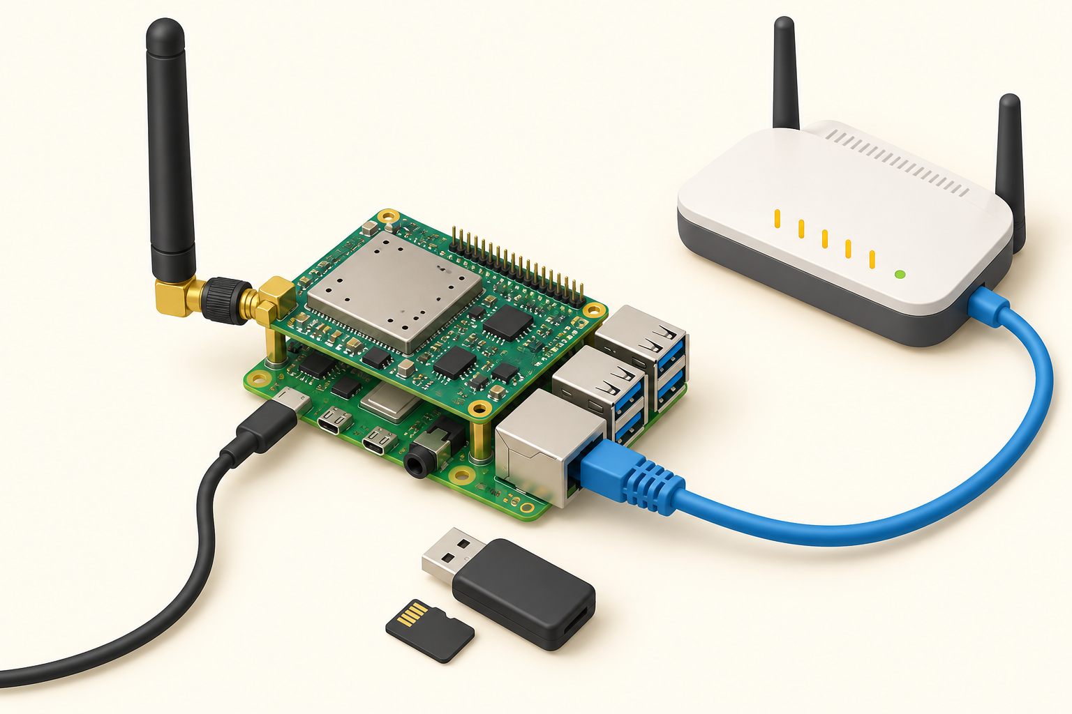 Montaje básico: antena, Raspberry Pi con concentrador, cable de red y microSD en lector